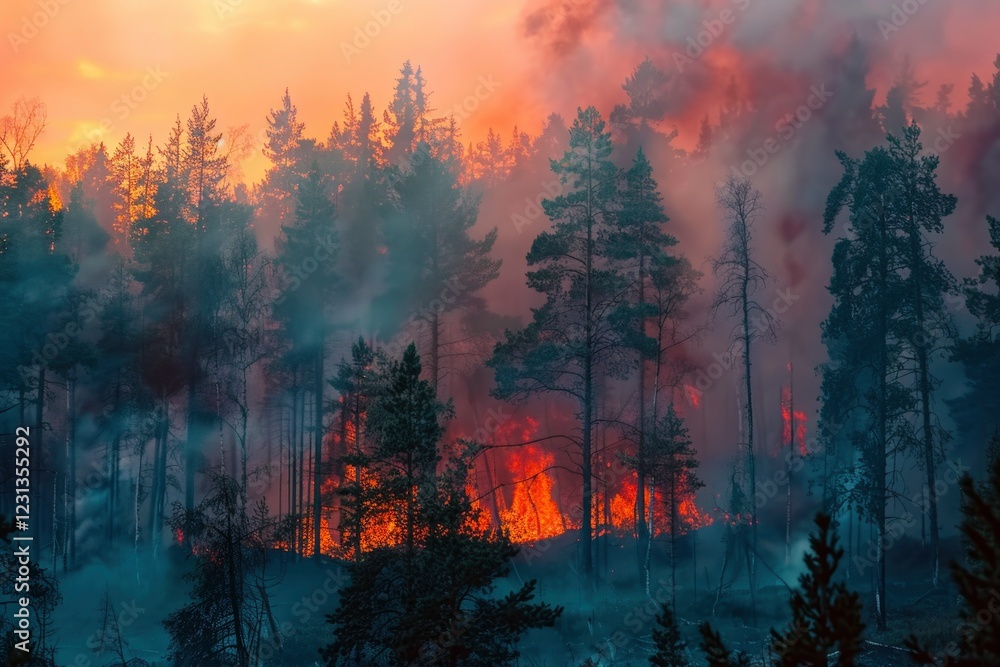 Fototapeta premium A dramatic image of a forest fire at sunset, showcasing the intense flames and smoke engulfing the pine trees.