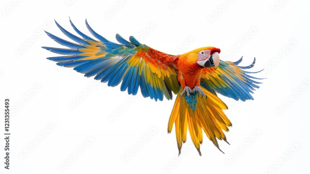 Fototapeta premium Colorful macaw parrot with vibrant feathers isolated on white background, ideal for tropical and exotic design projects.