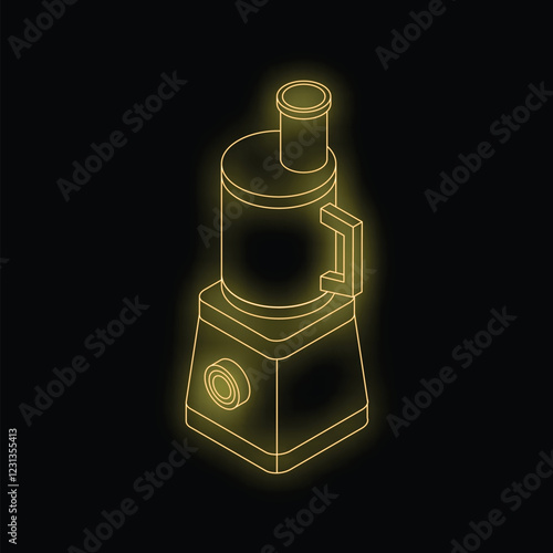 Yellow glowing neon line drawing of a blender on a black background, perfect for representing healthy eating or kitchen appliances