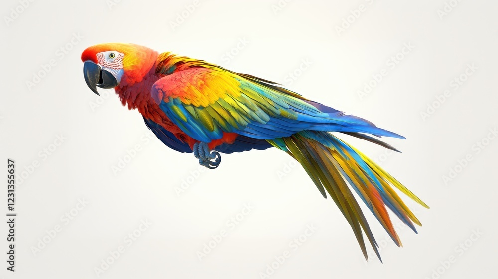 Fototapeta premium Colorful macaw parrot with vibrant feathers isolated on white background, ideal for tropical and exotic design projects.