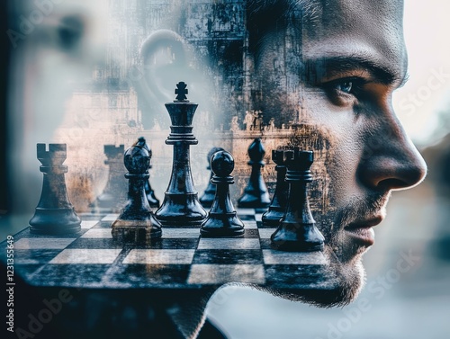 Man observing chess set with intense focus in indoor setting