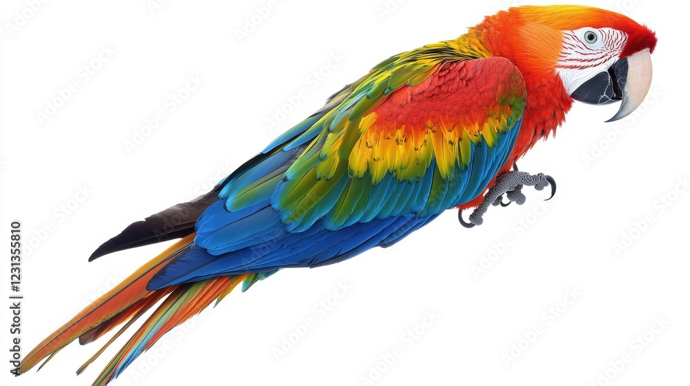 Fototapeta premium Colorful macaw parrot with vibrant feathers isolated on white background, ideal for tropical and exotic design projects.