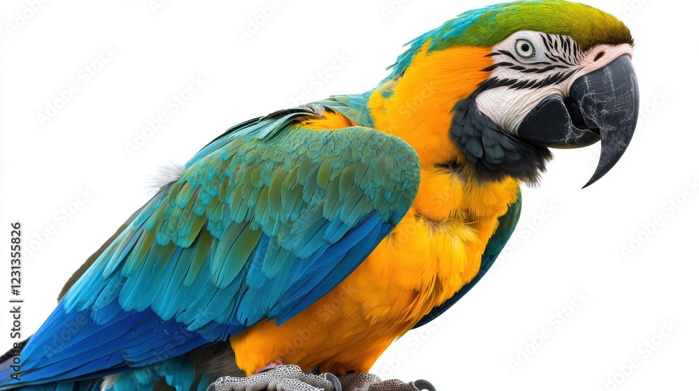 Colorful macaw parrot with vibrant feathers isolated on white background, ideal for tropical and exotic design projects. Colorful macaw parrot with vibrant feathers isolated on white background, ideal for tropical and exotic design projects.