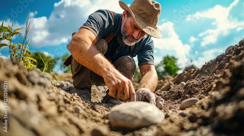 An archaeologist uncovering ancient artifacts at a dig site. photo