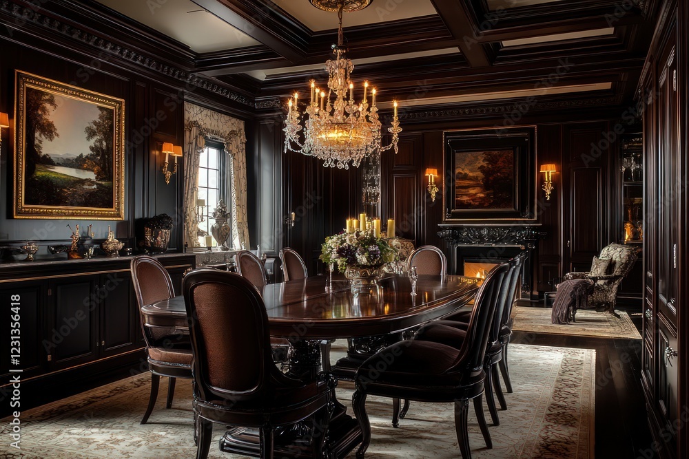 custom made wallpaper toronto digitalA traditional dining room with rich textures, ornate furniture, and elegant decor. Use dark wood, luxurious fabrics, and detailed molding.