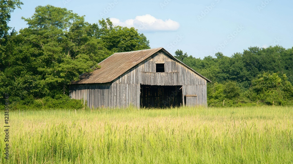 A dilapidated barn standing in a field of tall grass. A dilapidated barn standing in a field of tall grass.