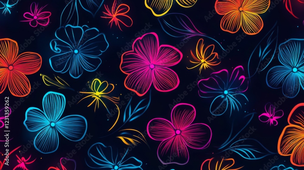 Naklejka premium Vibrant Neon Floral Pattern on Dark Background