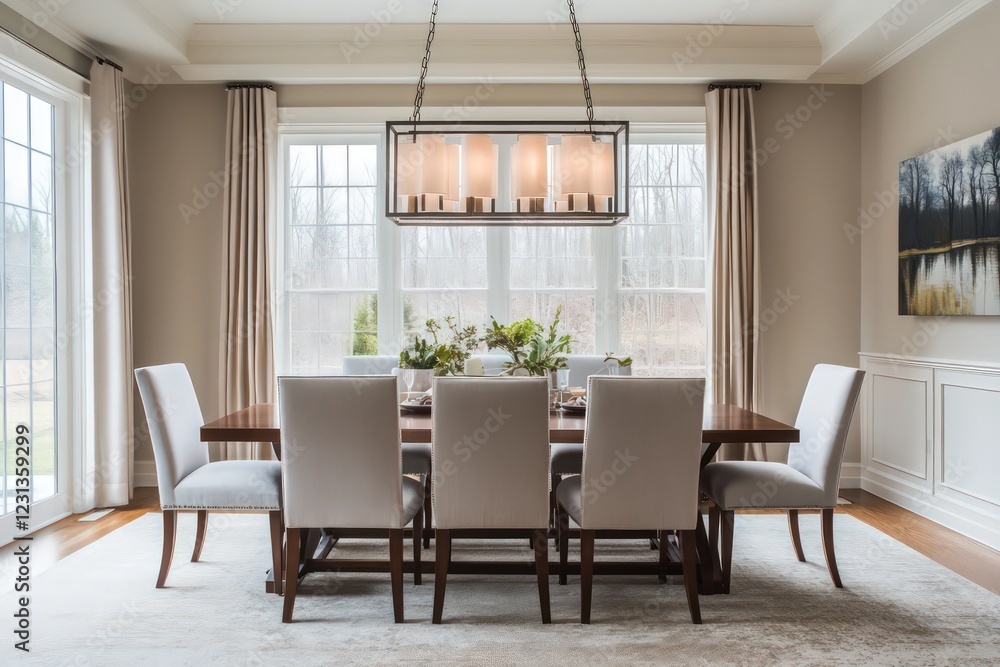 A transitional dining room blending classic warmth with contemporary clean lines. A transitional dining room blending classic warmth with contemporary clean lines.