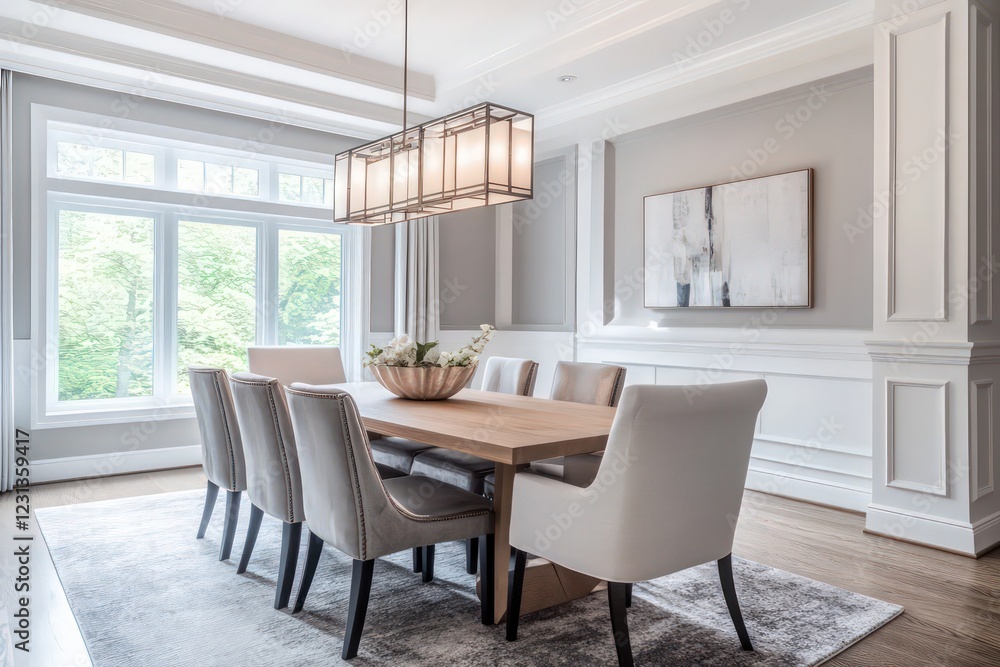 Fototapeta premium A transitional dining room blending classic warmth with contemporary clean lines. Opt for a neutral color scheme, streamlined furniture pieces, and refined textiles. Integrate modern lighting fixtures