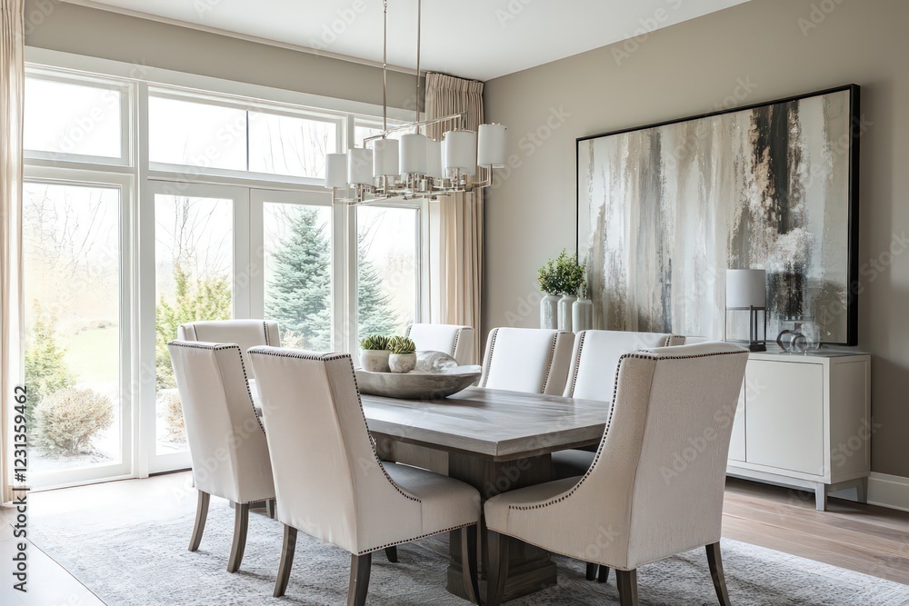 Fototapeta premium A transitional dining room blending classic warmth with contemporary clean lines. Opt for a neutral color scheme, streamlined furniture pieces, and refined textiles. Integrate modern lighting fixtures