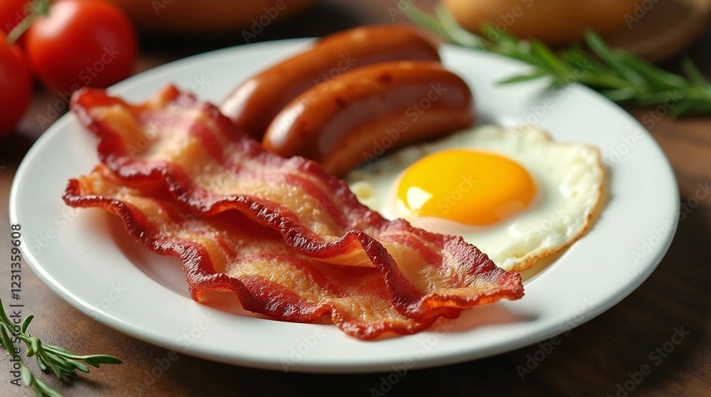 Delicious Breakfast with Sausage, Bacon, and Egg. Delicious Breakfast with Sausage, Bacon, and Egg.