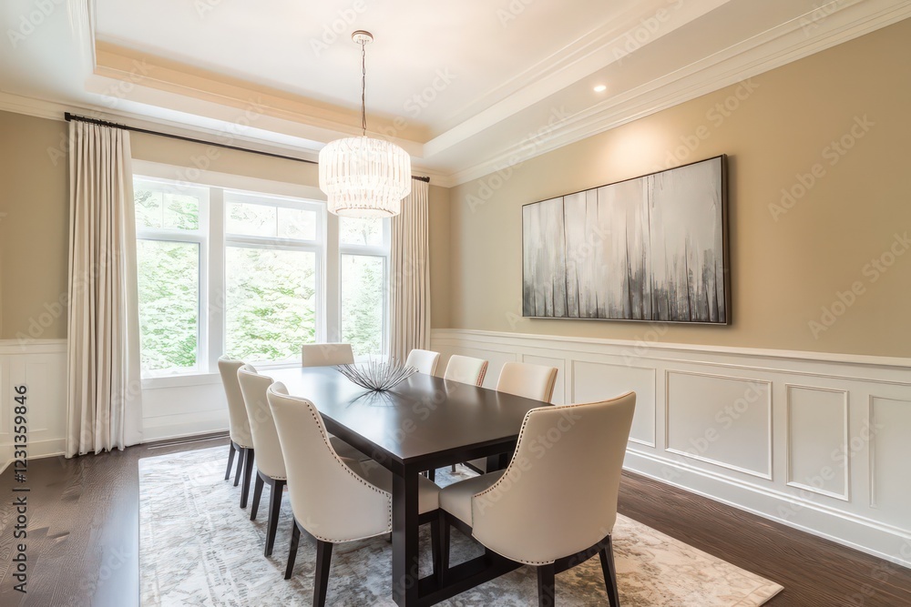 Fototapeta premium A transitional dining room blending classic warmth with contemporary clean lines. Utilize a neutral color scheme, streamlined furniture, and refined textiles. Integrate modern lighting fixtures