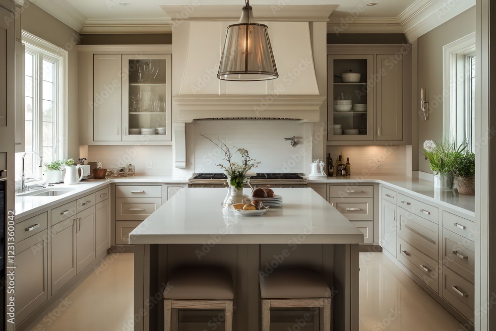 Fototapeta premium A transitional kitchen blending classic warmth with contemporary clean lines. Opt for a neutral color scheme, streamlined cabinetry, and refined materials. Integrate modern appliances
