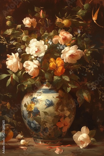 Still Life Painting  Roses  Flowers  Bird  Vase  Oil Painting