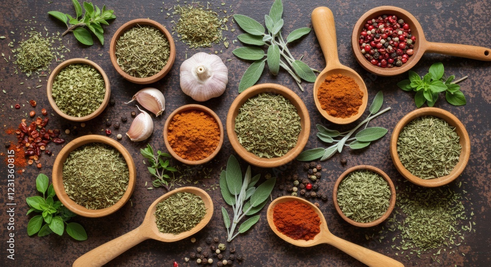 Dried Herbs and Spices Culinary Collection in Wooden Bowls Dried Herbs and Spices Culinary Collection in Wooden Bowls