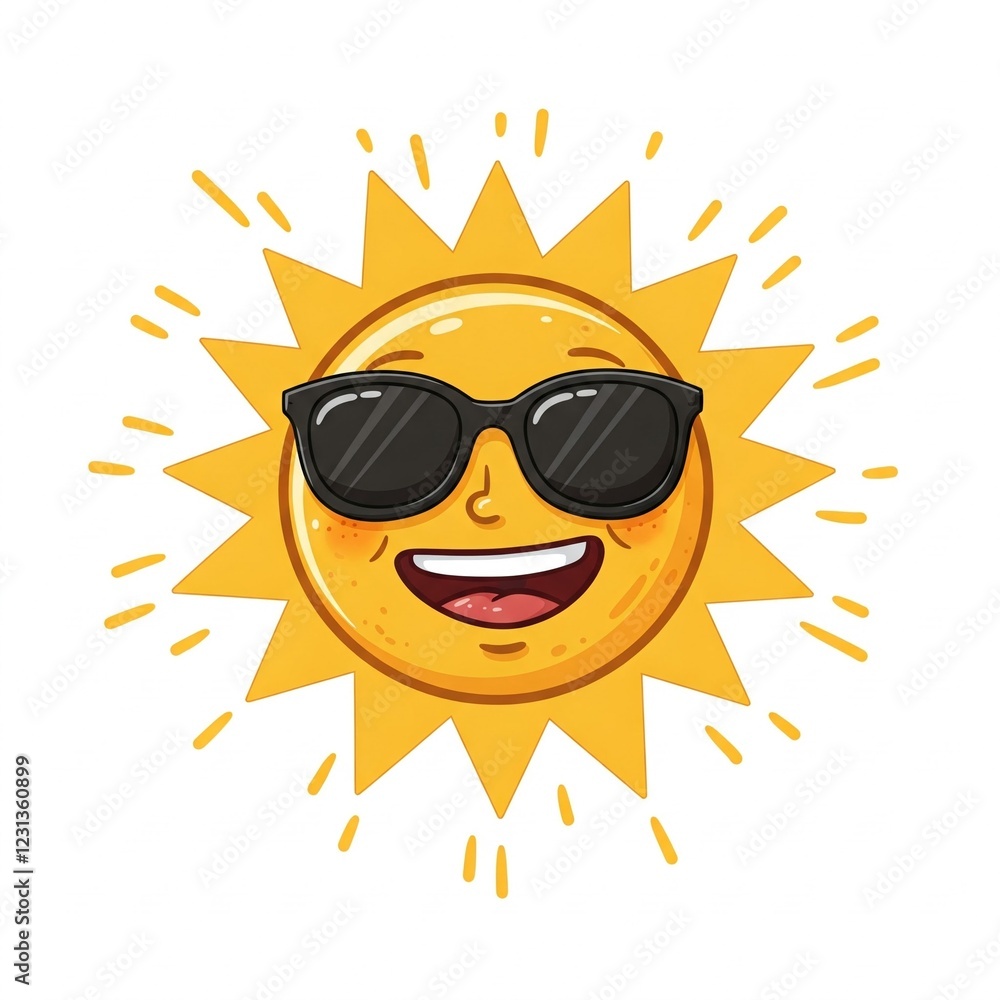 smiling cartoon sun wearing sunglasses with sunbeams in yellow and orange colors smiling cartoon sun wearing sunglasses with sunbeams in yellow and orange colors