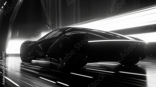 A black car is driving down a road. The car is in the foreground and the road is in the background