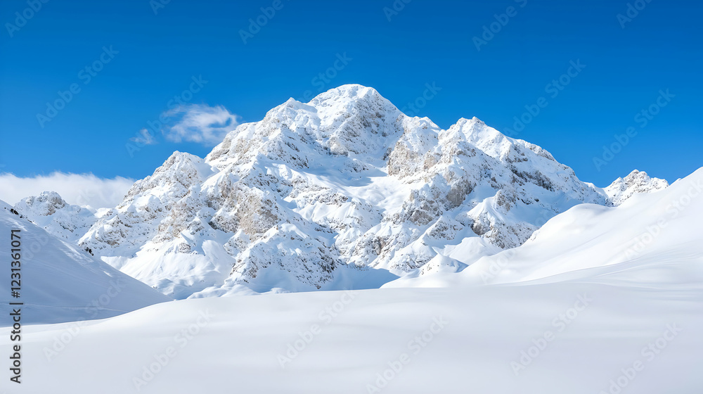 Snowy mountain peak under clear blue sky; winter landscape Snowy mountain peak under clear blue sky; winter landscape