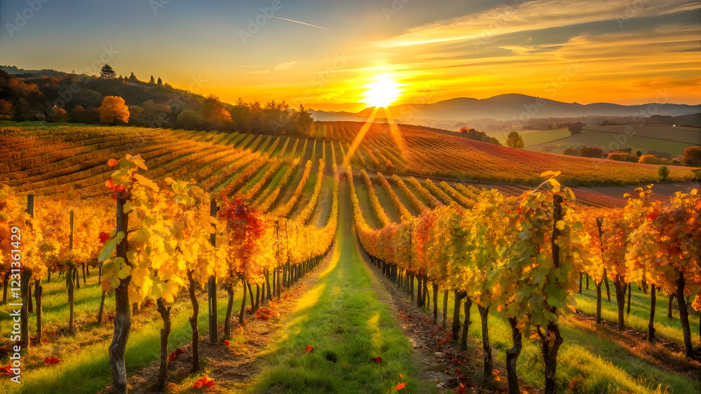 Naklejka premium Golden Autumn Vineyard at Sunset with Rows of Grapevines. Perfect for: Harvest season, wine festivals, France, Italy