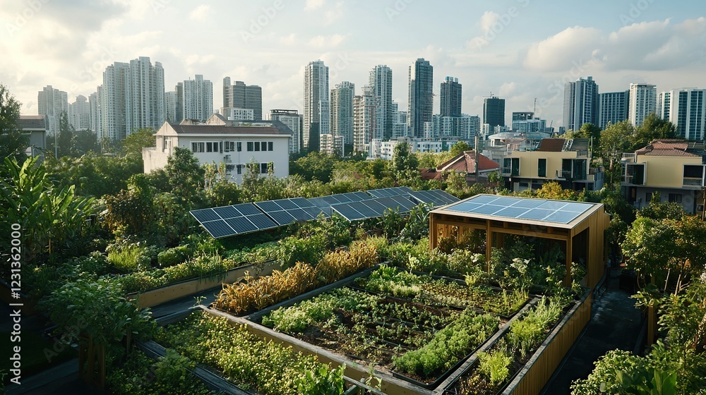 Fototapeta premium Rooftop garden, solar panels, city skyline, urban farming