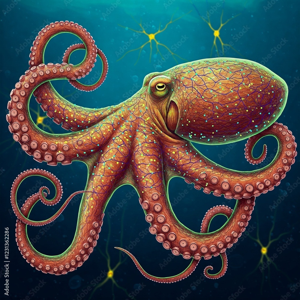 Obraz premium vibrant colorful octopus with yellow and blue tentacle veins on blue background