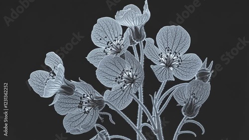 A tranquil scene of a cluster of X-ray wildflowers slowly opening, their ghostly silhouettes set against a softly blurred, monochromatic background.
