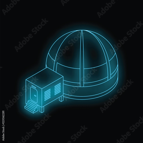 Neon glowing icon of a biodome with a technical building providing power supply, isolated vector illustration on black background