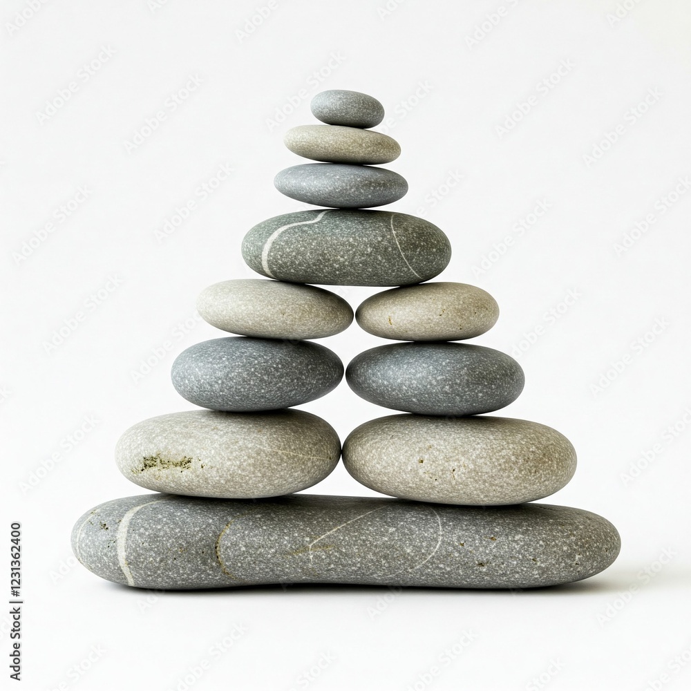 grey and beige stones stacked in a pyramid on white background grey and beige stones stacked in a pyramid on white background