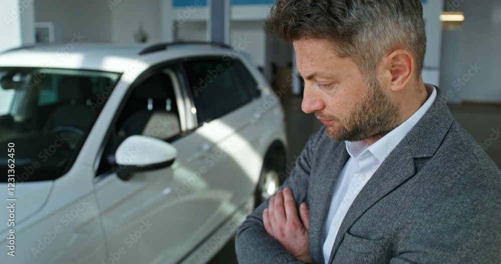 A man inspects a car standing in a car dealership with his arms folded on his chest with a serious look A man inspects a car standing in a car dealership with his arms folded on his chest with a serious look