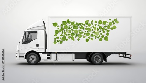 White delivery truck with green leaf design on side. photo