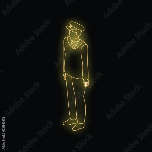 Neon yellow glowing silhouette of a ship captain wearing uniform standing at attention on black background