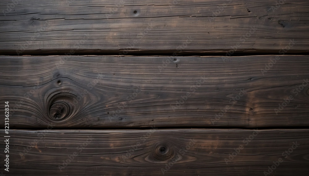 Dark Brown Wood Texture Background, Rustic Weathered Wooden Planks, Detailed Grain Pattern, Three Horizontal Boards, Knots, and Natural Wood Surface Dark Brown Wood Texture Background, Rustic Weathered Wooden Planks, Detailed Grain Pattern, Three Horizontal Boards, Knots, and Natural Wood Surface