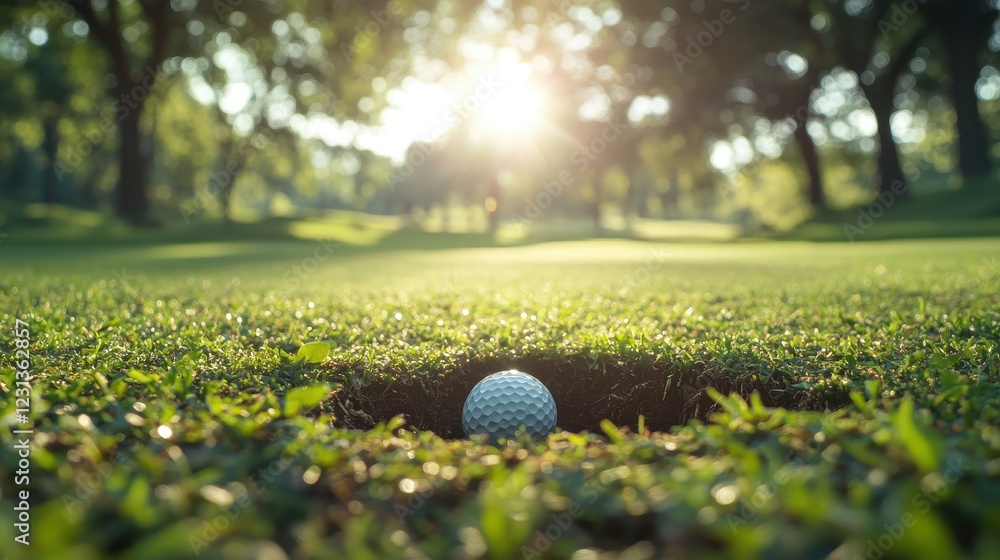 Golf Ball on Course During Sunset with Blurred Background View Golf Ball on Course During Sunset with Blurred Background View