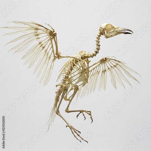 white bird skeleton with spread wings in flight on white background