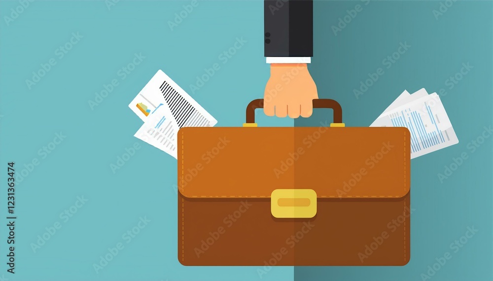 Vector illustration of a briefcase. Business concept. Businessman hand holding briefcase with corporate company documents.