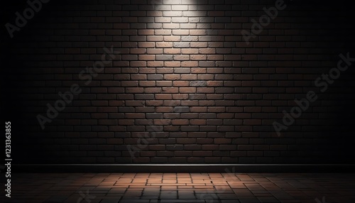 Dark brick wall background with spotlight, illuminated floor, grunge texture, dramatic lighting, perfect for posters, wallpapers, and design projects.