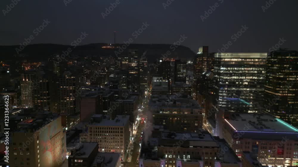 Aerial View of Illuminated Skyscrapers in Montreal Downtown at Night Aerial View of Illuminated Skyscrapers in Montreal Downtown at Night
