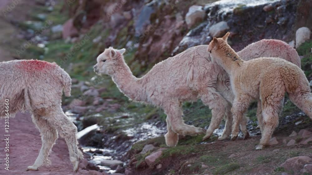 Llamas walking freely in the Andean mountains, grazing on the lush grass. The early morning light accentuates their soft fur as they explore rocky terrain together. Llamas walking freely in the Andean mountains, grazing on the lush grass. The early morning light accentuates their soft fur as they explore rocky terrain together.