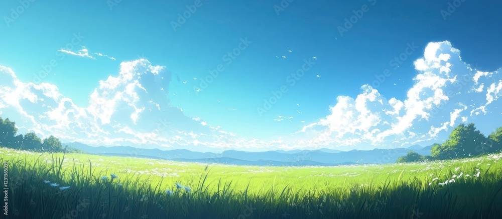Sunny Field, Blue Sky, Clouds, Hills, Game Background Sunny Field, Blue Sky, Clouds, Hills, Game Background