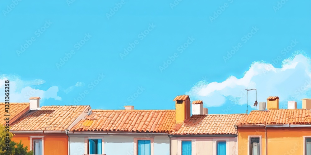 Vibrant Mediterranean rooftops against a bright blue sky, showcasing colorful architecture and sunny weather. Vibrant Mediterranean rooftops against a bright blue sky, showcasing colorful architecture and sunny weather.
