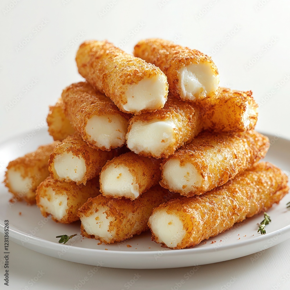 crispy fried mozzarella sticks stacked artistically on a simple white plate crispy fried mozzarella sticks stacked artistically on a simple white plate