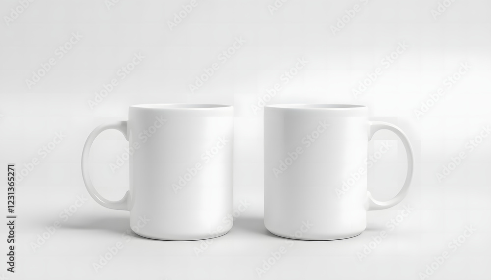 Obraz premium Elegant sleek mug mockup set on white background, ideal for showcasing branding, logos, or custom designs