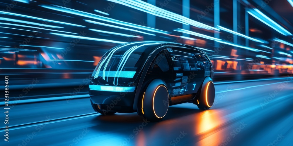 A sleek autonomous electric vehicle speeds through a neon-lit cityscape, showcasing futuristic transportation technology. A sleek autonomous electric vehicle speeds through a neon-lit cityscape, showcasing futuristic transportation technology.