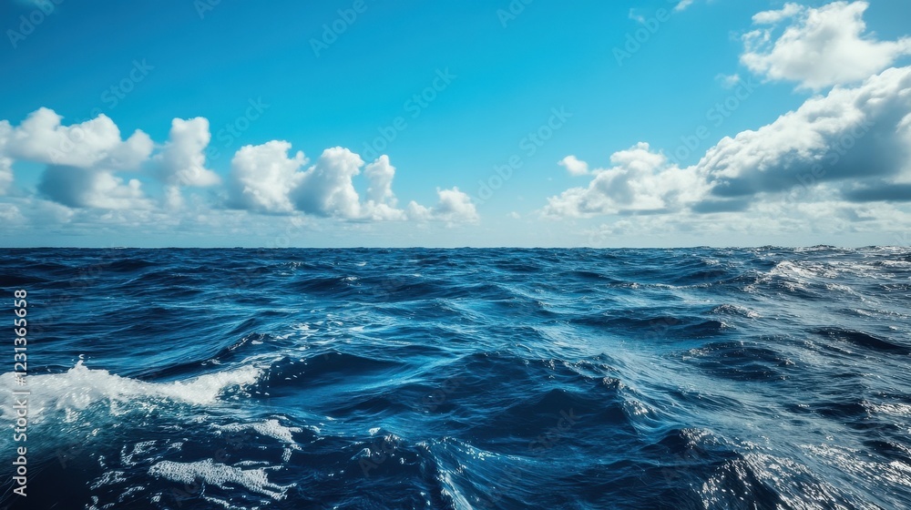 Serene Ocean Waves Under Bright Blue Sky with Fluffy White Clouds on a Sunny Day Serene Ocean Waves Under Bright Blue Sky with Fluffy White Clouds on a Sunny Day
