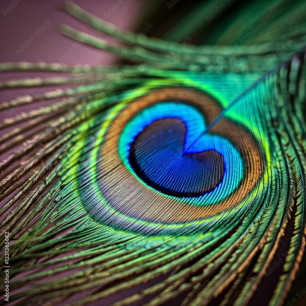Naklejka premium closeup macro photograph of vibrant peacock feather with blue eye spot and green and brown hues