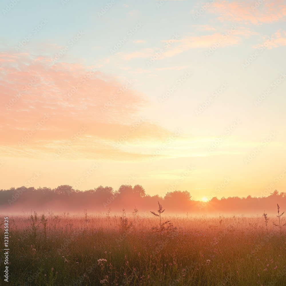 Fototapeta premium Sunrise Meadow Landscape, Peaceful Morning Scene