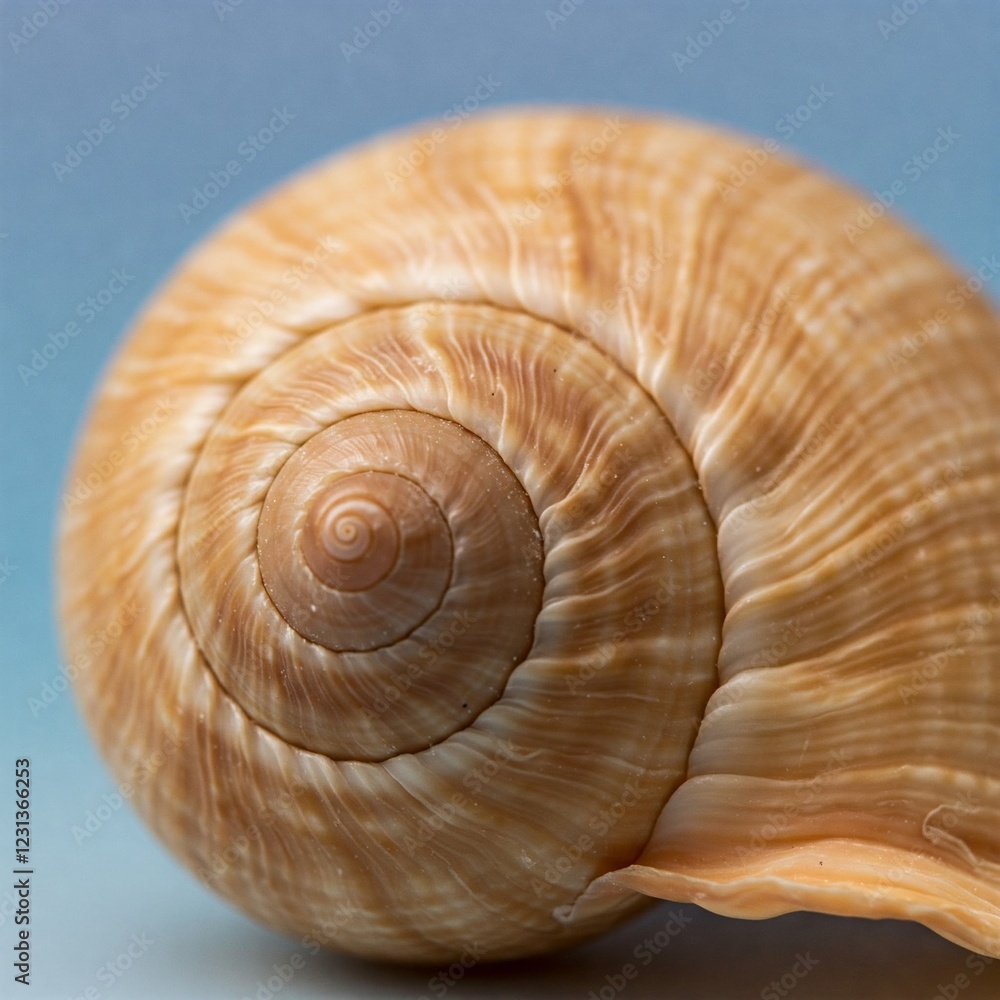 closeup of a detailed brown seashell with a spiral design against a blue background closeup of a detailed brown seashell with a spiral design against a blue background