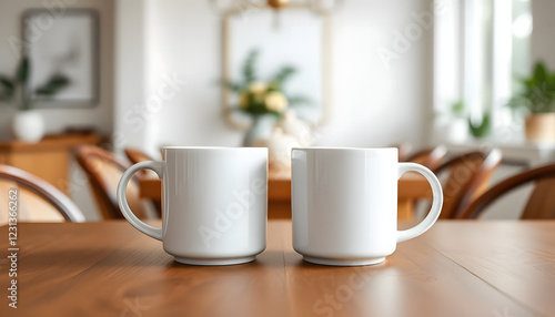 Elegant sleek mug mockup set on a dining room table, ideal for showcasing branding, logos, or custom designs