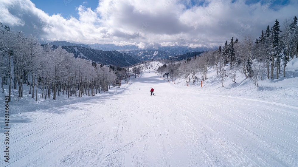 Lone Skier Descending Snowy Mountain Slope on a Sunny Winter Day Lone Skier Descending Snowy Mountain Slope on a Sunny Winter Day