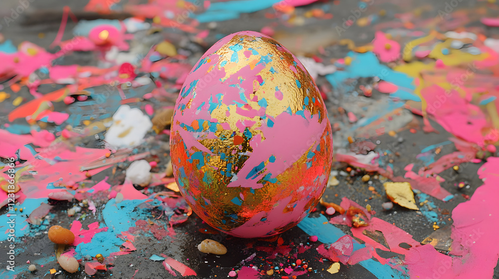 A vibrant, painted egg rests on a colorful splatter of paint, showcasing a playful and artistic atmosphere A vibrant, painted egg rests on a colorful splatter of paint, showcasing a playful and artistic atmosphere